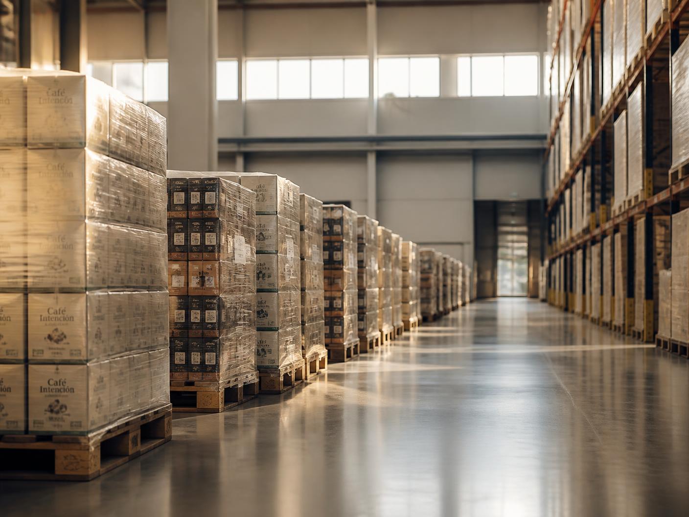 Shrink-wrapped pallets of consumer goods stacked in long aisles inside a bulk distribution warehouse
